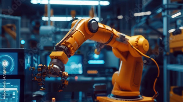 Fototapeta Advanced industrial robot arm in action, symbolizing precision and innovation in manufacturing