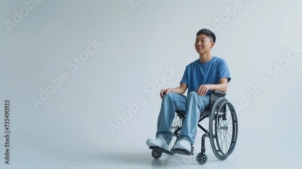 Obraz asian man with a physical disability smiling and sitting in a wheelchair dressed in jeans, a blue t-shirt, positioned against a white background, Fashion mockup, Lifestyle, Stylish studio background