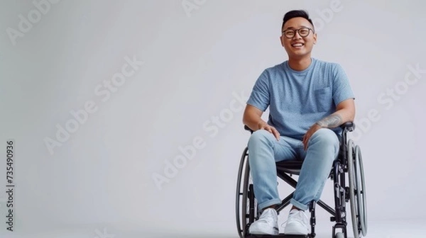 Obraz asian man with a physical disability smiling and sitting in a wheelchair dressed in jeans, a blue t-shirt, positioned against a white background, Fashion mockup, Lifestyle, Stylish studio background