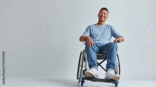 Obraz asian man with a physical disability smiling and sitting in a wheelchair dressed in jeans, a blue t-shirt, positioned against a white background, Fashion mockup, Lifestyle, Stylish studio background