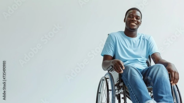 Obraz black man with a physical disability smiling and sitting in a wheelchair dressed in jeans, a blue t-shirt, positioned against a white background, Fashion mockup, Lifestyle, Stylish studio background