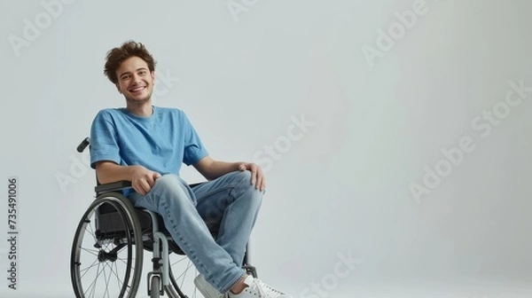 Obraz white man with a physical disability smiling and sitting in a wheelchair dressed in jeans, a blue t-shirt, positioned against a white background, Fashion mockup, Lifestyle, Stylish studio background