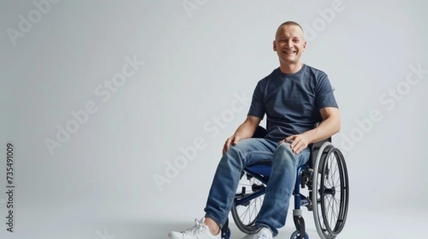 Obraz white man with a physical disability smiling and sitting in a wheelchair dressed in jeans, a blue t-shirt, positioned against a white background, Fashion mockup, Lifestyle, Stylish studio background