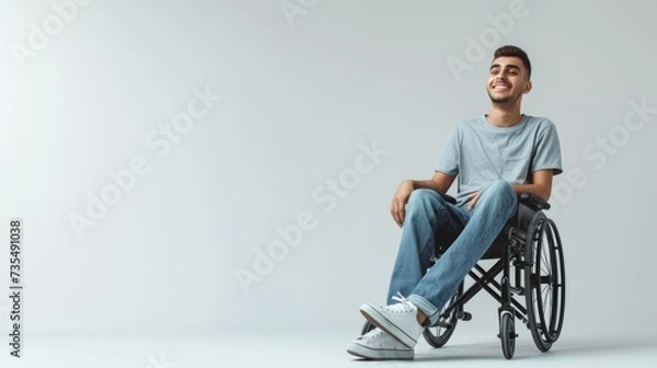 Obraz white man with a physical disability smiling and sitting in a wheelchair dressed in jeans, a blue t-shirt, positioned against a white background, Fashion mockup, Lifestyle, Stylish studio background