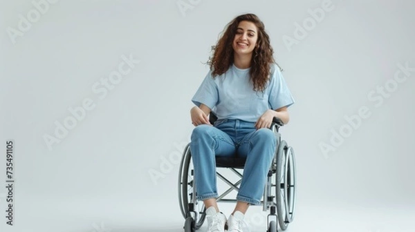 Obraz woman with a physical disability smiling and sitting in a wheelchair dressed in jeans, a blue t-shirt, , positioned against a white background, Fashion mockup, Lifestyle, 