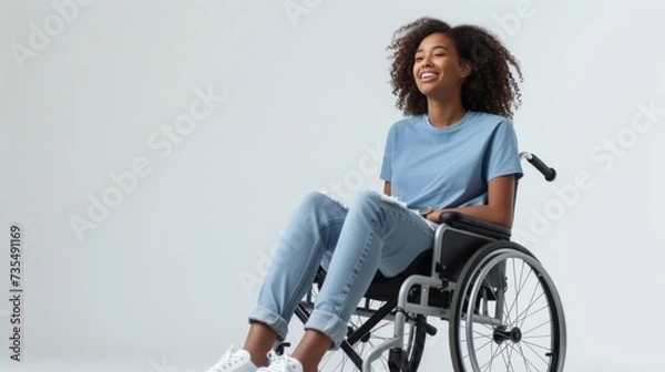 Obraz woman with a physical disability smiling and sitting in a wheelchair dressed in jeans, a blue t-shirt, , positioned against a white background, Fashion mockup, Lifestyle, 