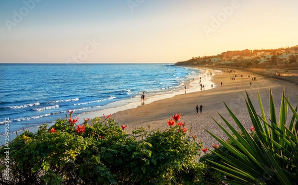 Fototapeta Costa Calma beach in the sunset light with people enjoying the summer vacation on the Atlantic Ocean coast in Fuerteventura Island in Canaries