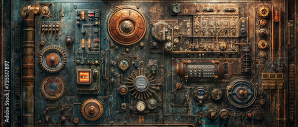 Fototapeta background, old technology with pipes on modern circuit board