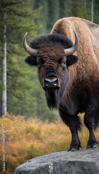 Fototapeta A formidable Bison standing on a rock surrounded by trees and vegetation. Splendid nature concept.