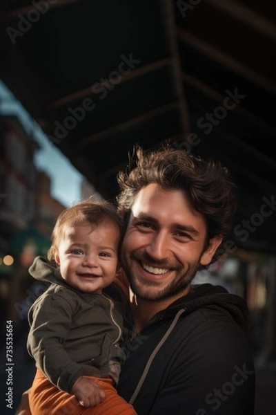 Fototapeta Portrait of hipster father kissing his little daughter. Young dad is enjoying time with his child on yellow background.