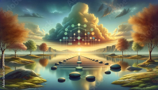 Obraz Tranquil landscape with balanced elements symbolizing load balancing technology