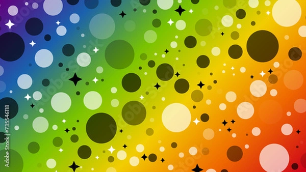 Fototapeta An abstract illustration of a rainbow gradient with white and black circles and stars.