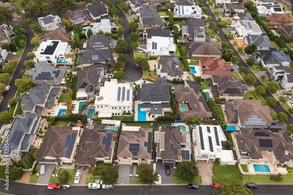 Obraz Aerial view of a neighbourhood cul-de-sac with modern prestige homes with rooftop solar in suburban Sydney, Australia