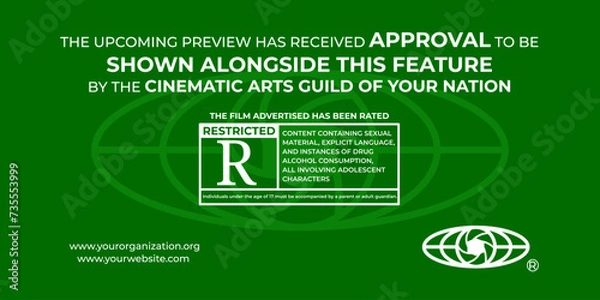 Fototapeta A fake film leader for a movie preview saying that the following content has been approved for restricted audiences only. White text and  green  background 