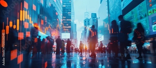 Fototapeta Vibrant urban city street scene with diverse group of people walking and enjoying the lively atmosphere