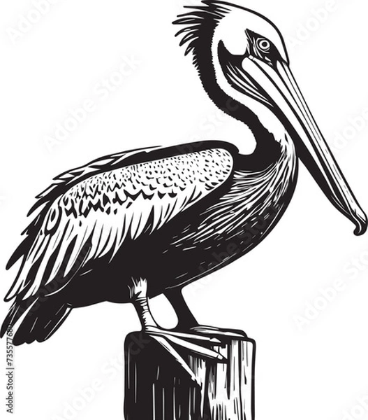Obraz Pelican Standing on a Dock Post Illustration