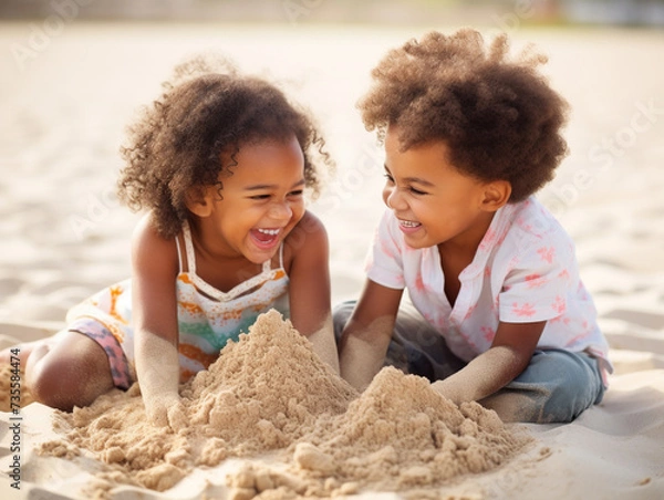 Fototapeta Close-up of two black toddlers, a boy and a girl, having fun playing together in the sand at the beach.  They are smiling and giggling.