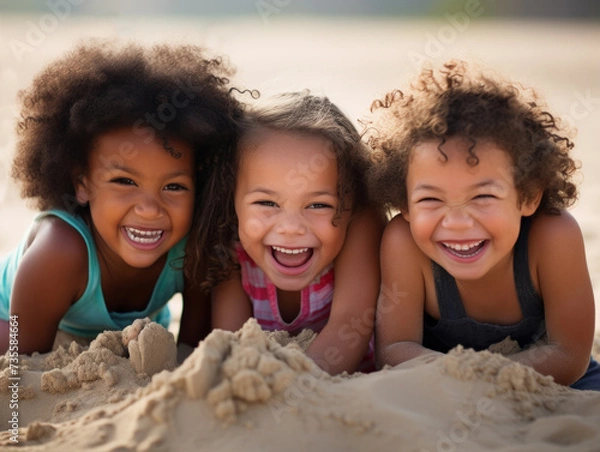 Fototapeta Close-up of three multi-ethnic toddler girls having fun playing in the sand together at the beach.  They are looking at the camera, smiling and giggling.