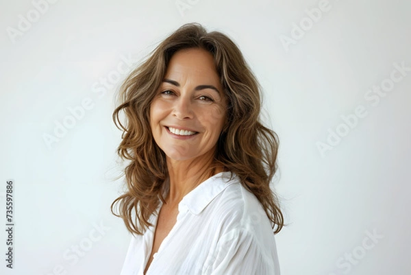 Fototapeta Portrait of happy mid 40s woman wear white sweeter looks in camera isolated on white background