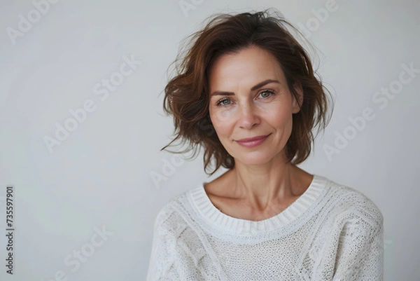 Fototapeta Portrait of happy mid 40s woman wear white sweeter looks in camera isolated on white background