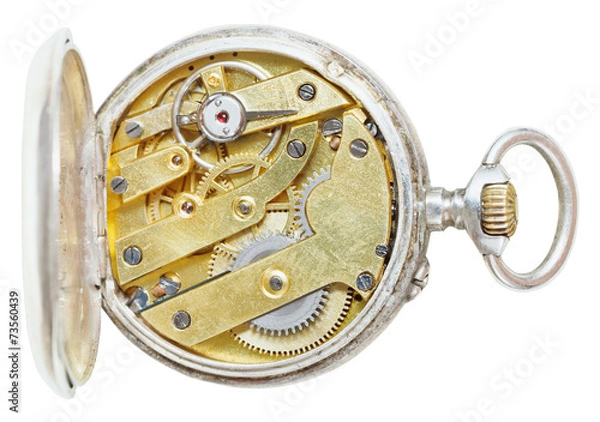 Fototapeta above view of brass movement retro pocket watch
