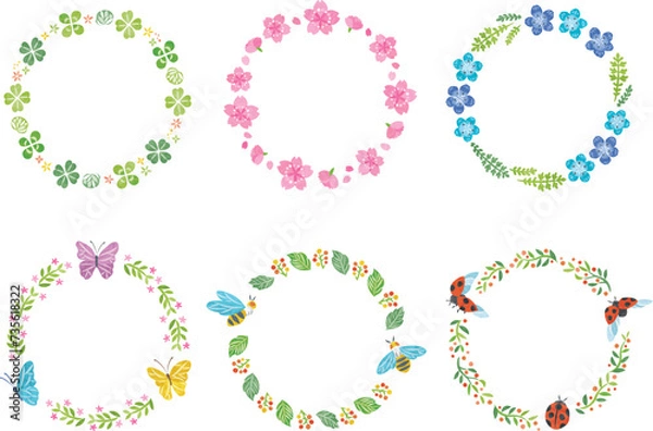Fototapeta 春　植物　花　昆虫　イラスト丸フレームセット