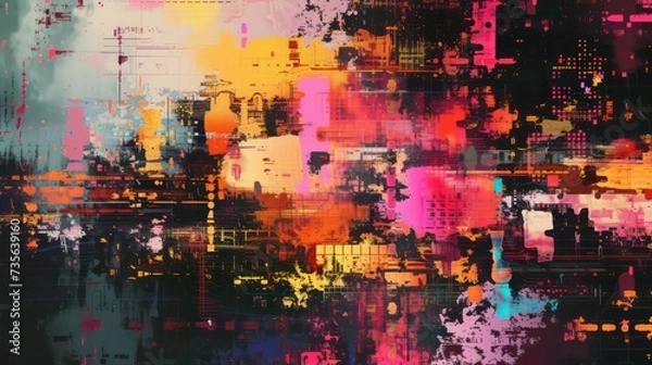 Fototapeta An abstract digital radio wave  emerges, characterized by pixelated noise and glitch effects, creating a visually striking display