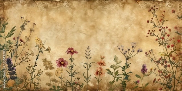 Fototapeta Vintage paper background with delicate botanical printed flowers and leaves on stained.