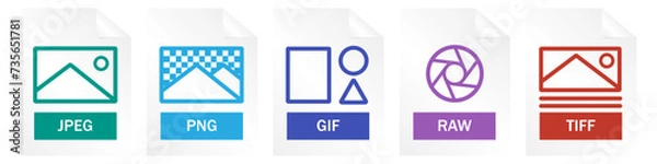 Fototapeta Image File Format Icon Set. File Extensions For Images.Set Of JPEG, PNG, GIF, RAW, TIFF. Flat Colored Shape. 