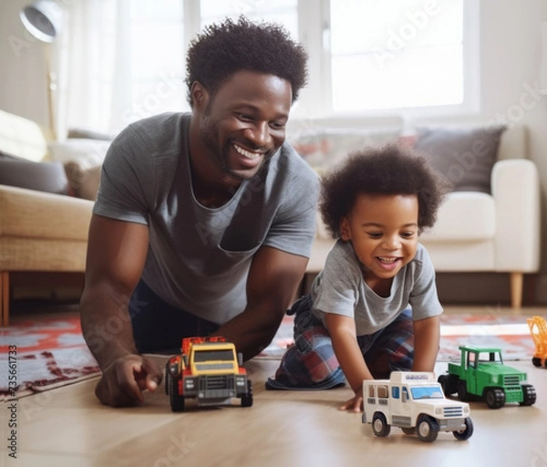 Fototapeta A black toddler boy and his father playing with his trucks together on the floor. They are smiling and having fun.