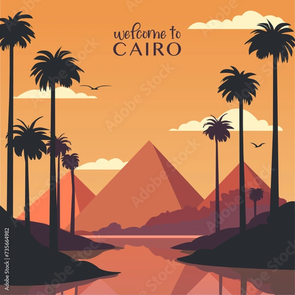 Fototapeta Pyramid complex, Cairo retro city poster with abstract shapes of skyline, buildings. Vintage Egypt landmark travel vector illustration