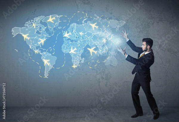 Fototapeta Business person showing digital map with planes around the world