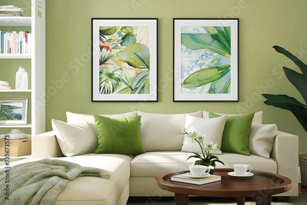 Fototapeta Our living space is adorned with soft, comfortable seating, complemented by the tranquil green hues of nature-inspired artwork and decor. Created with generative AI
