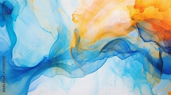 Fototapeta Alcohol ink air texture. Azure, blue, yellow, orange abstract background with golden glitters. Abstract translucent flow. Modern fluid art design