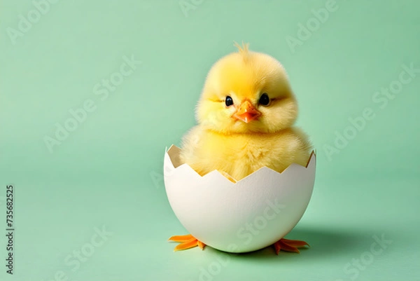 Fototapeta Easter, a chick in a half-broken eggshell. Generative AI