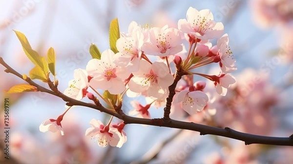 Obraz Almond tree bloom, orchard tree flower. sunny spring day blue sky background, close up view. Springtime season blossom
