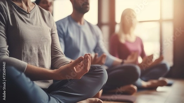 Obraz Yoga, relax or hands of business people in office for mental health, wellness or breathing exercise together. Startup team, mindset closeup or calm employees in lotus pose meditation for zen peace