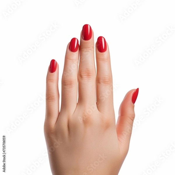 Fototapeta a beautiful femenine hand with perfect manicure, red nail, isolated on white background