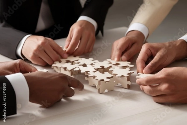 Fototapeta Group of business workers with hands together connecting pieces of puzzle.