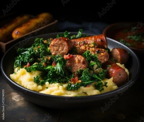 Fototapeta Sausage and kale mash. Generative AI.