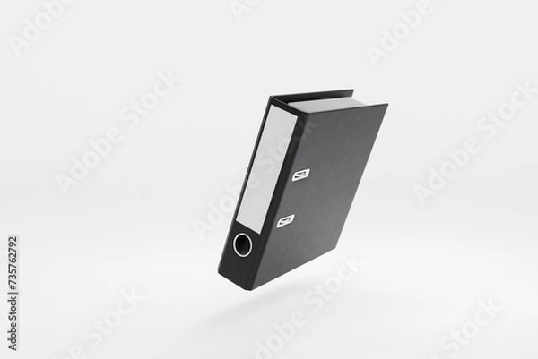 Fototapeta single black folder document binder floating and falling over clean surface; object isolated on infinite background; 3D rednering