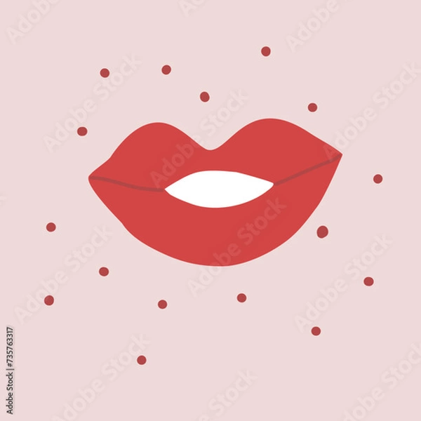 Obraz Woman red lipstick kissing isolated and red dots on pink background. mouth vector.