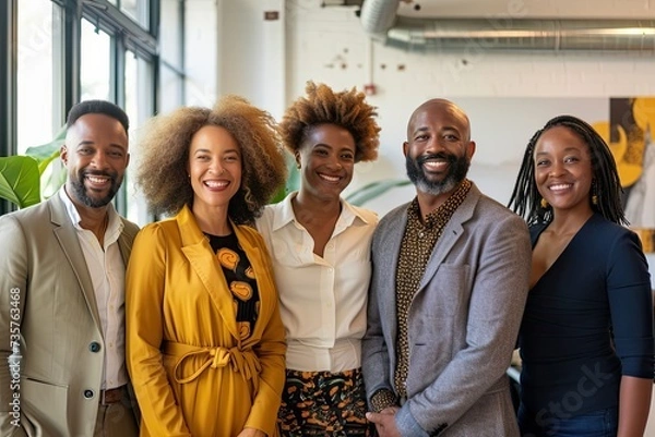 Fototapeta Diverse group of business professionals stands together exuding happiness and success in modern office setting showcasing perfect blend of teamwork and camaraderie smiles reflect strong sense of work