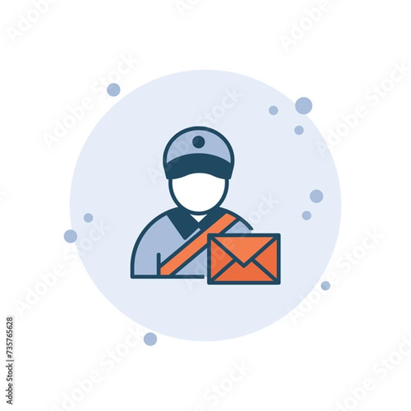 Obraz Cartoon postman vector illustration. Mailman on bubbles background. Letter sign concept.