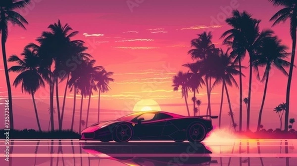 Fototapeta Sleek sports car, palm silhouettes, and gradient skies in synthwave sunset design, a nod to retro futurism's dreamy aesthetic