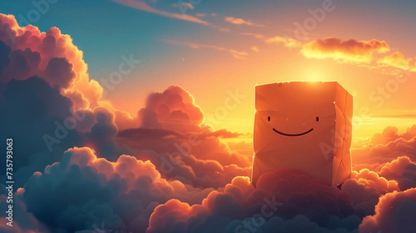 Fototapeta A conceptual image of a cartoon-style smiling paper bag floating gently among clouds, symbolizing lightness and environmental friendliness.