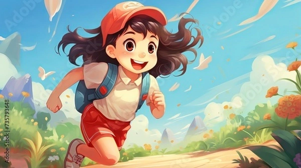 Obraz Cute Asian Schoolgirl Excitedly Running with Backpack, Heading Back to School