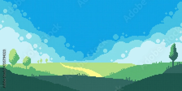 Fototapeta Meadow landscape pixel art element. Green sunny field. 8 bit. Game development, mobile app. Isolated vector illustration. Cross stitch pattern.