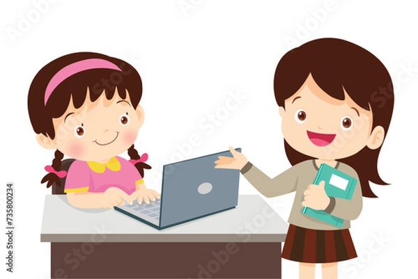 Obraz Children and friend using laptop