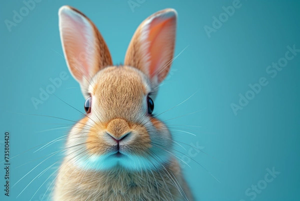 Fototapeta Brown rabbit on pastel blue background with copy space.
